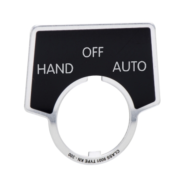 Schneider Electric 9001 Legend plate; "HAND-OFF-AUTOMATIC"; aluminum; 44x50mm w/ ring; black